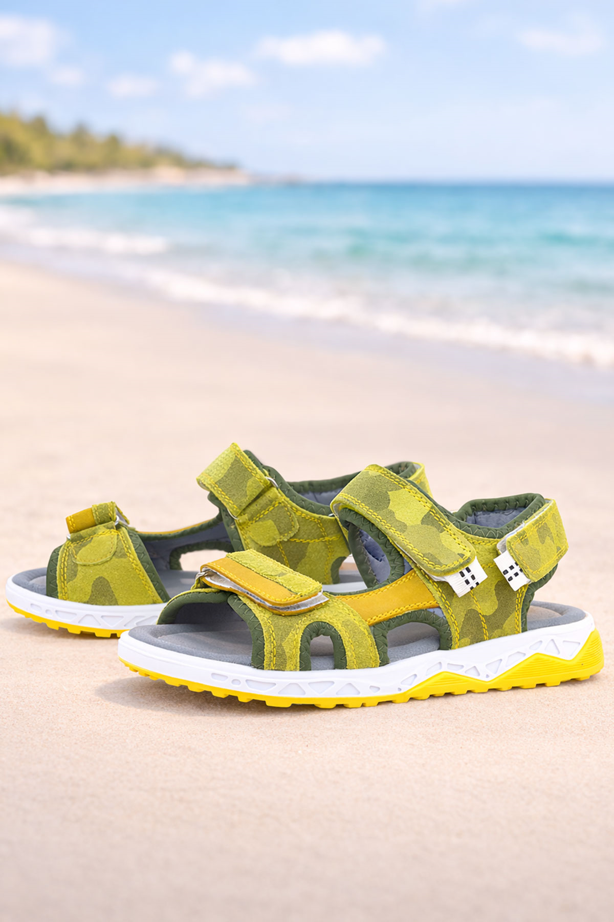 Rakerplus Hakiki Deri Sarı Cırtlı Çocuk Sandalet Ayakkabı