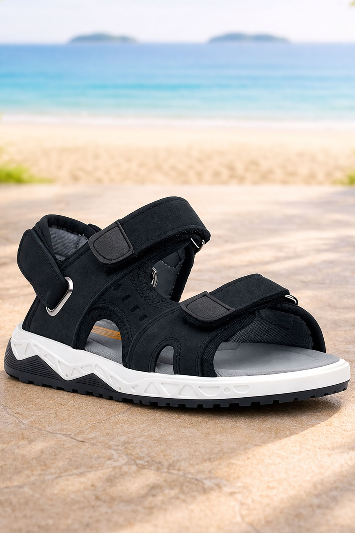 Rakerplus Hakiki Deri Siyah Nubuk Rahat Tabanlı Cırtlı Çocuk Sandalet Ayakkabı