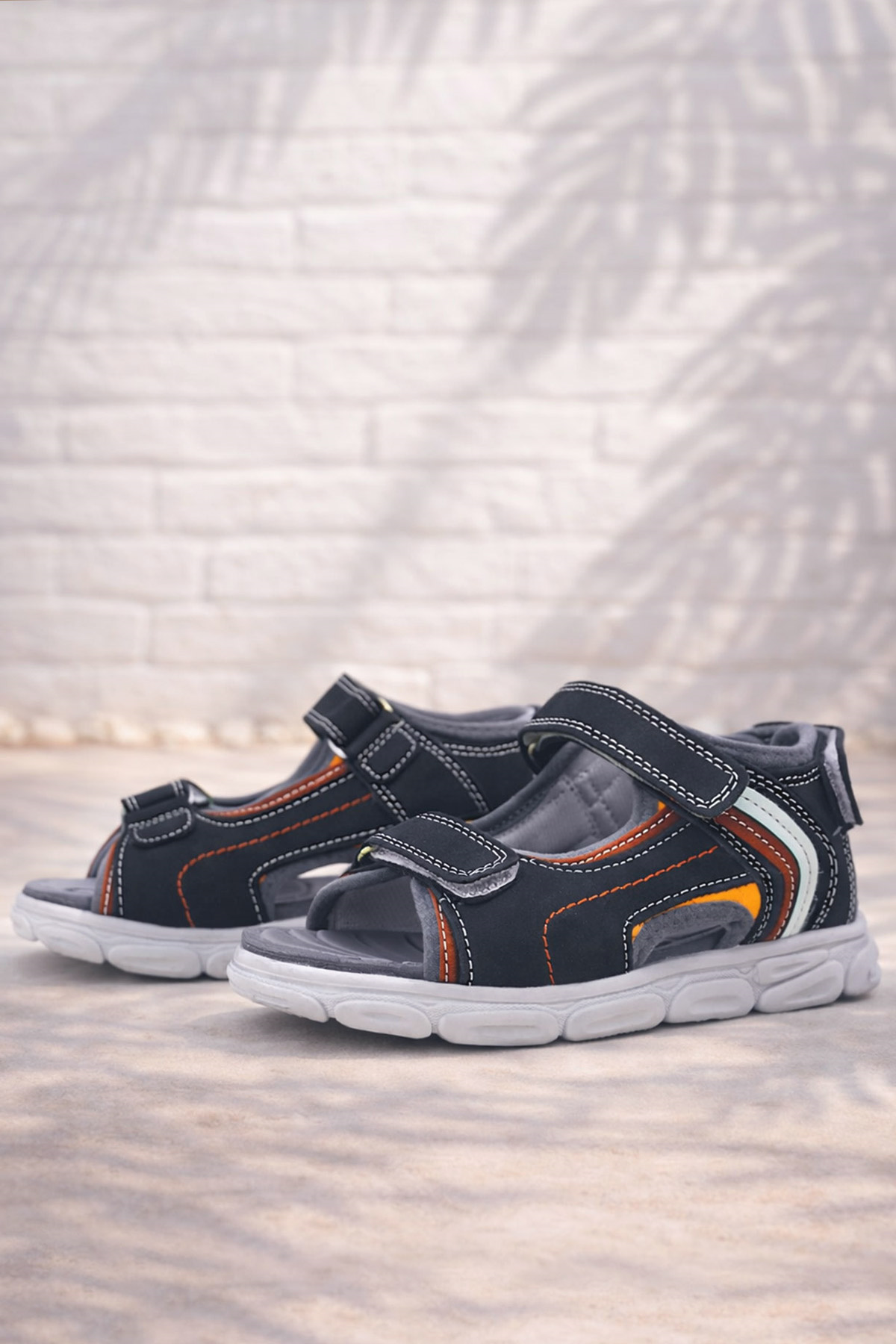 Rakerplus Hakiki Deri Lacivert Kırmızı Cırt Cırtlı Çocuk Sandalet