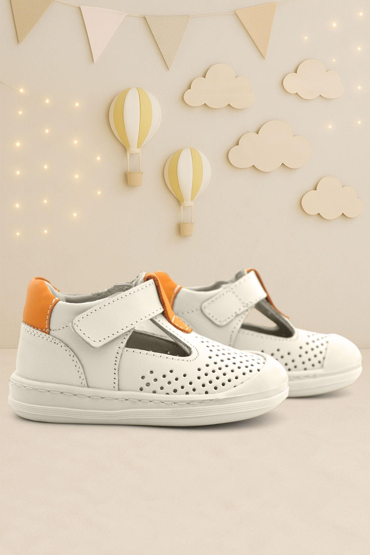 Rakerplus Shaun Hakiki Deri Bej Turuncu Cırtlı Anatomik Bebek Sandalet