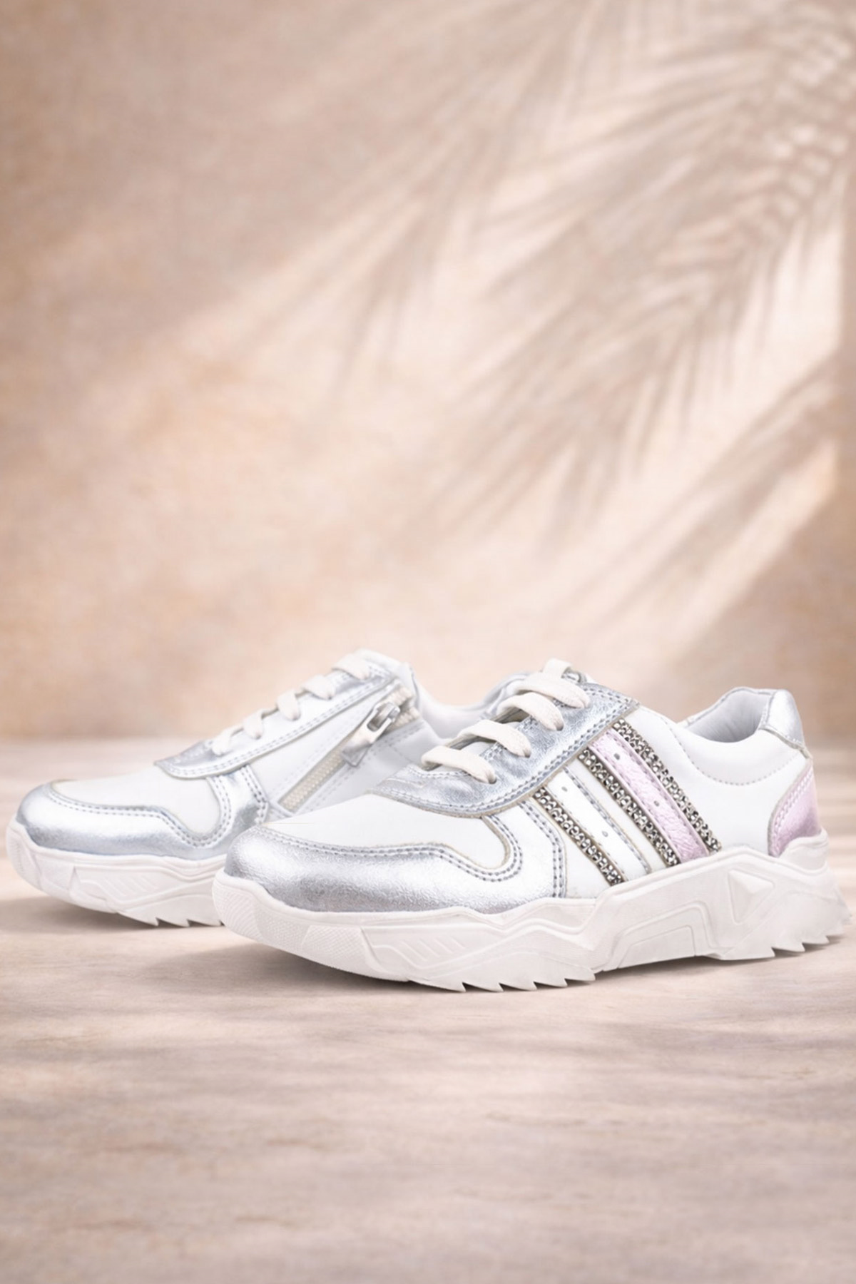 Rakerplus Hakiki Deri Gümüş Pembe Parlak Taşlı Kız Çocuk Sneakers Ayakkabı