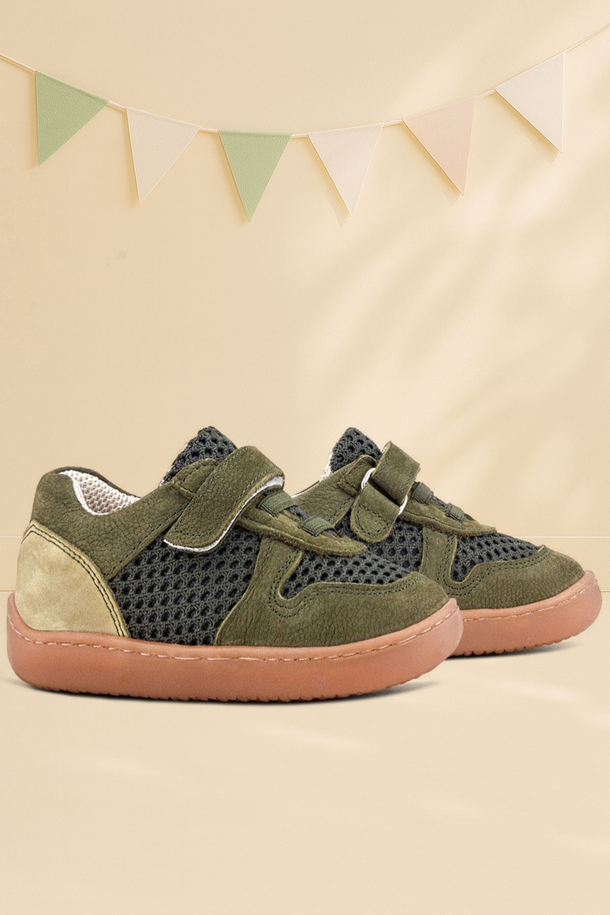 Rakerplus Bob Hakiki Deri Haki Yeşil Barefoot Cırtlı Lastikli Bebek Sneaker Ayakkabı
