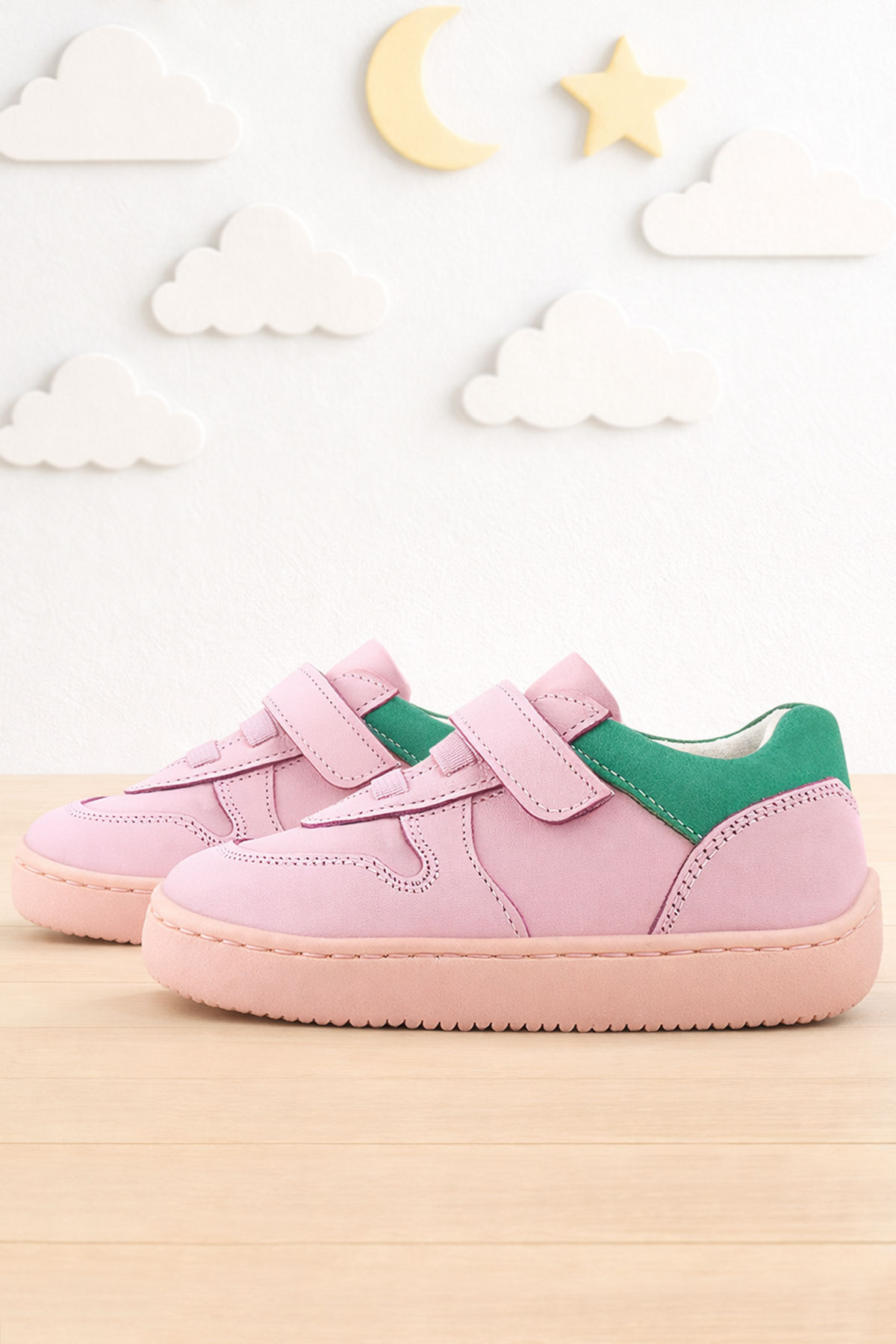 Rakerplus Bob Hakiki Deri Pembe Yeşil Barefoot Cırtlı Lastikli Bebek Sneaker Ayakkabı