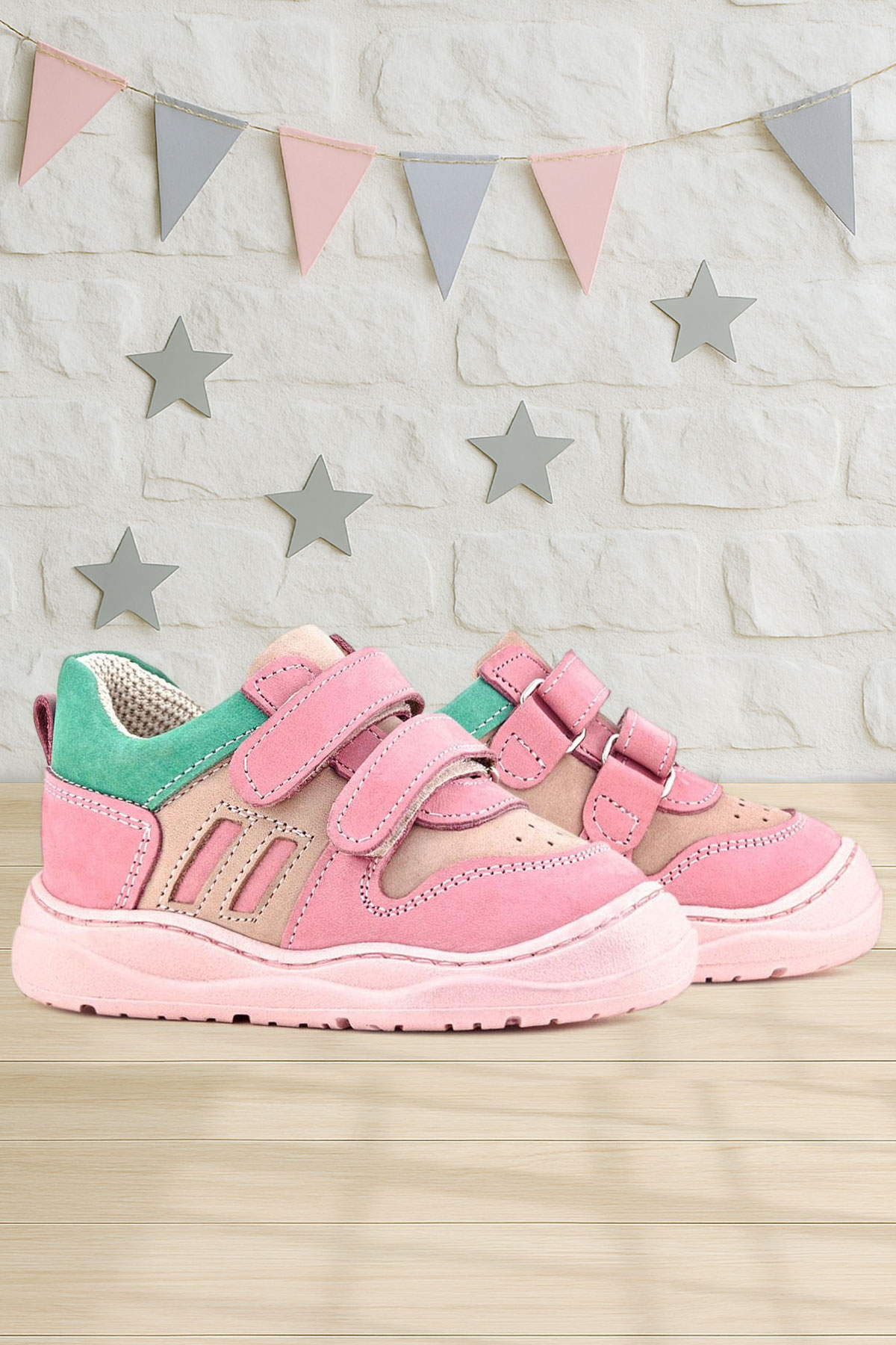 Rakerplus Schaggy Hakiki Deri Pembe Yeşil Bebek Spor Ayakkabı