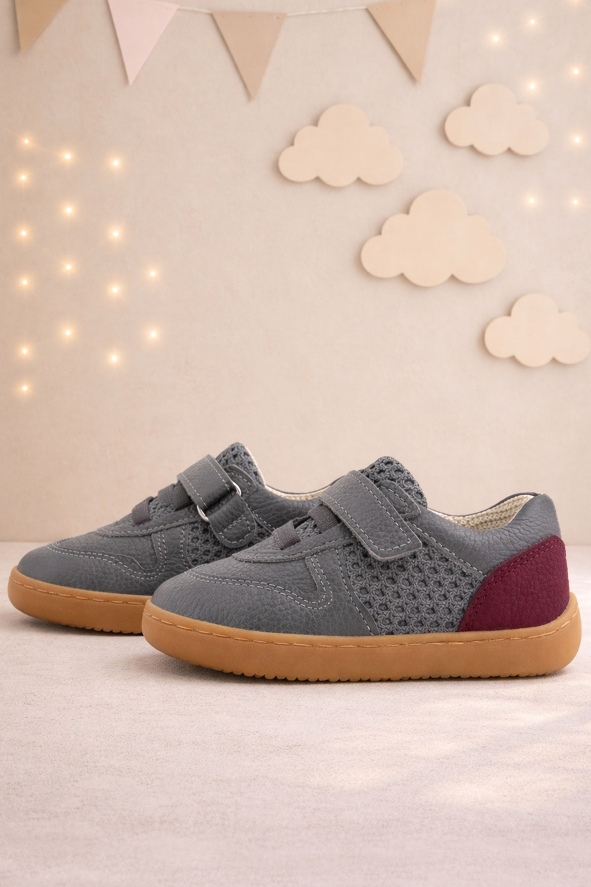 Rakerplus Bob Hakiki Deri Gri Bordo Barefoot Cırtlı Lastikli Bebek Sneaker Ayakkabı