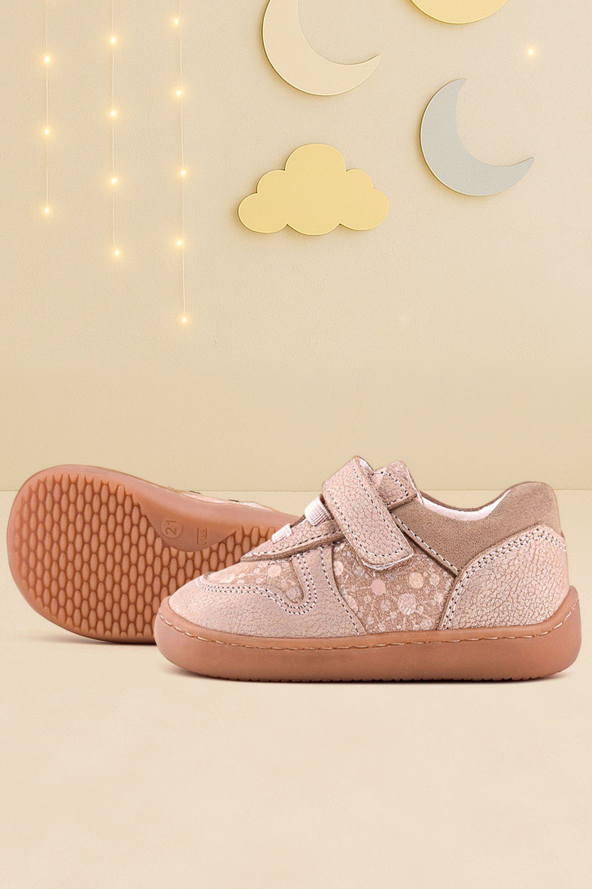 Rakerplus Bob Hakiki Deri Pudra Simli Barefoot Cırtlı Lastikli Bebek Sneaker Ayakkabı