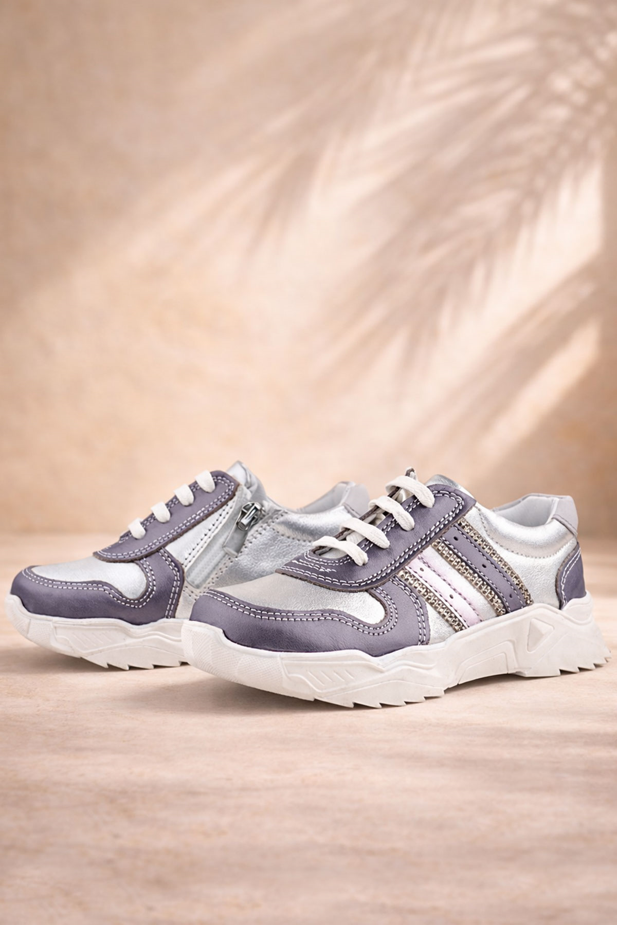 Rakerplus Hakiki Deri Platin Pembe Parlak Taşlı Kız Çocuk Sneakers Ayakkabı