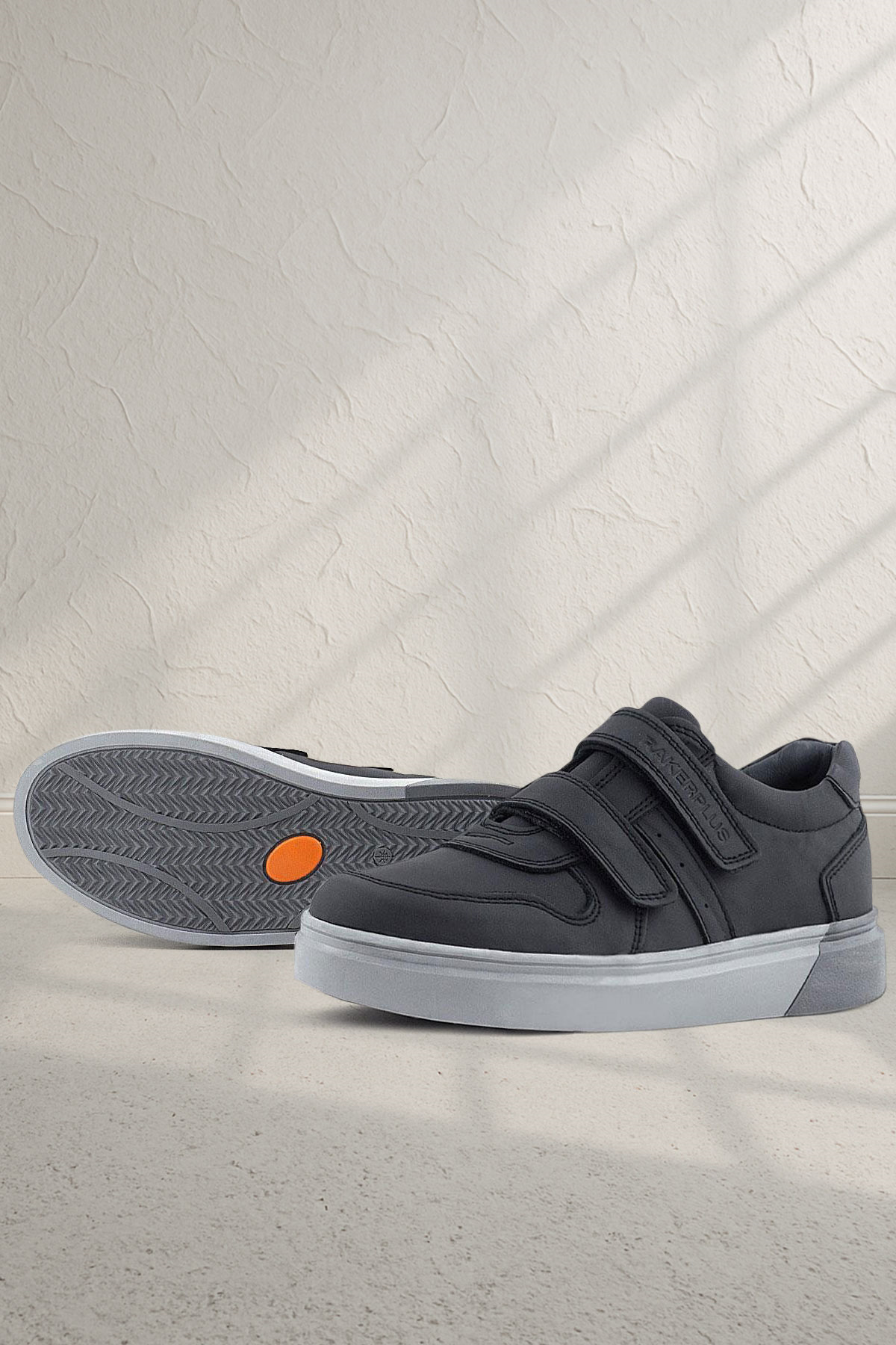 Rakerplus Hakiki Deri Siyah Cilt Gri Tabanlı Cırtlı Erkek Çocuk Sneaker