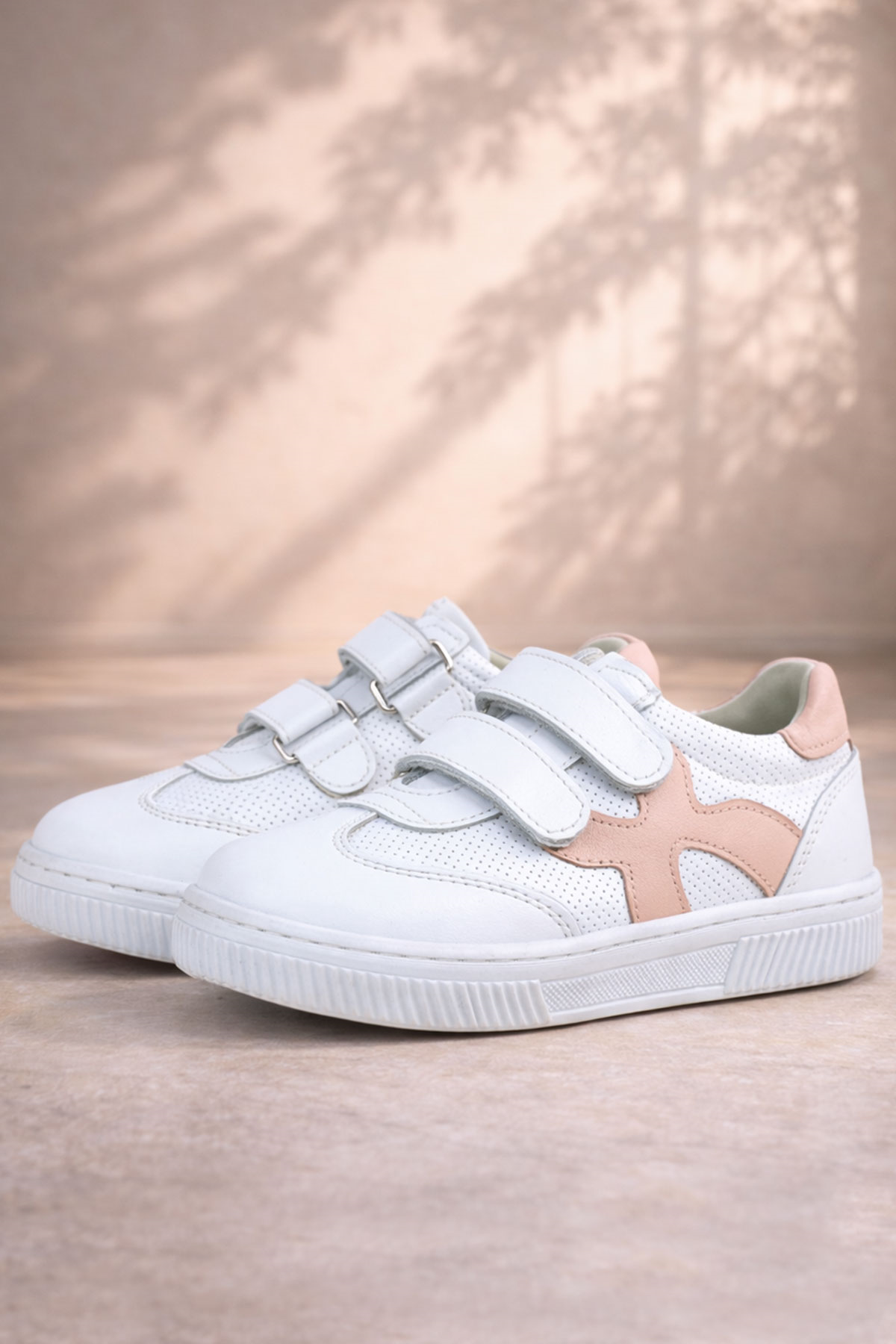 Rakerplus Hakiki Deri Beyaz Pembe Cırtlı Çocuk Spor Ayakkabı