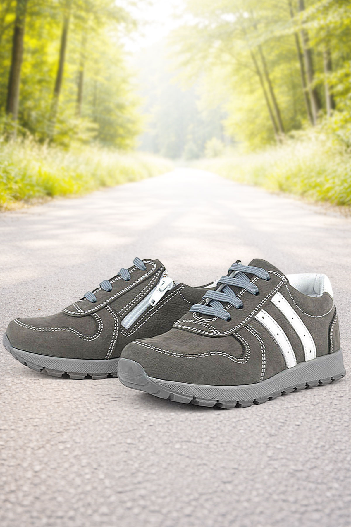 Rakerplus Deri Gri Fermuarlı Spor Ayakkabı Sneaker
