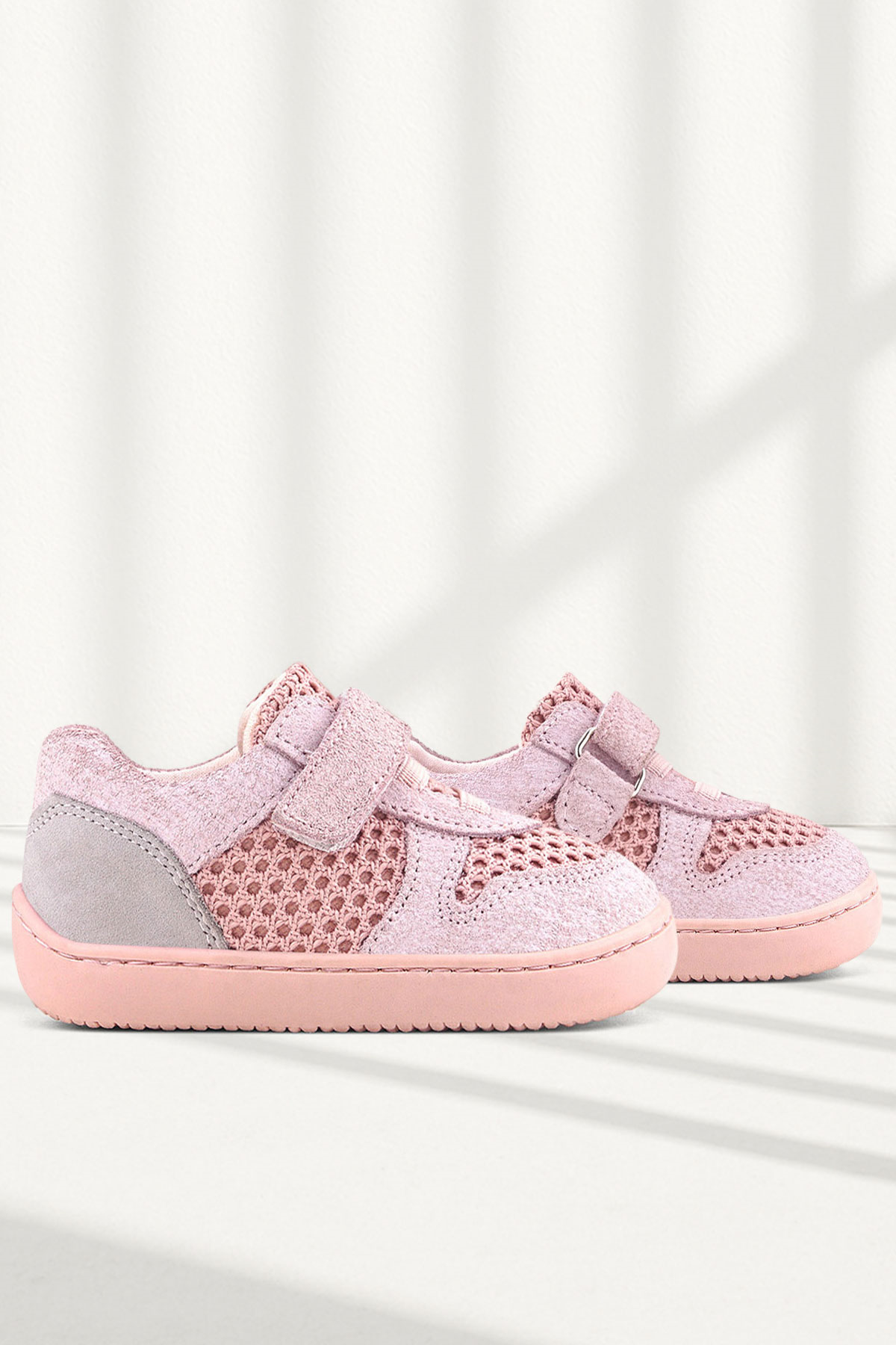 Rakerplus Bob Hakiki Deri Pudra Gri Barefoot Cırtlı Lastikli Bebek Sneaker Ayakkabı