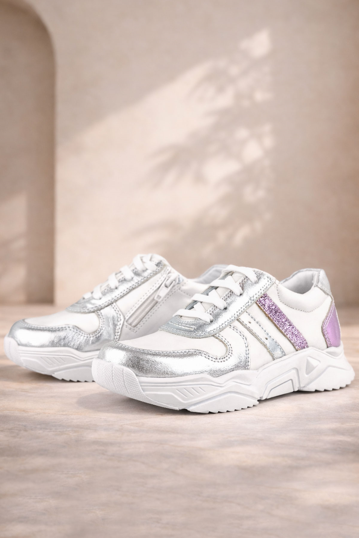 Rakerplus Hakiki Deri Gümüş Pembe Kalın Tabanlı Kız Çocuk Sneakers Ayakkabı