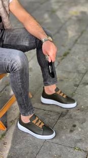  Hnt  002060  Haki Yeşil İçi Dışı Hakiki Deri Erkek Sneakers 