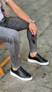  Hnt  002060  Siyaha Beyaz  İçi Dışı Hakiki Deri Erkek Sneakers 
