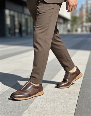  Hnt 004016 Bagciksiz Kahverengi İçi Dışı Hakiki Deri Erkek Sneakers 