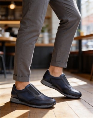  Hnt 004016 Bagciksiz Lacivert İçi Dışı Hakiki Deri Erkek Sneakers 