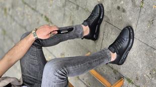 Hnt  4141 İthal Balon Taban Siyah  İçi Dışı Hakiki Deri Erkek Sneakers 