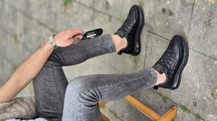  Hnt  4646 Timsah Desen İthal Balon Taban Siyah  İçi Dışı Hakiki Deri Erkek Sneakers 