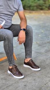 Hatay 00112  Merdiven Desen Kahverengi Sneakers İçi Dışı Hakiki Deri Erkek Ayakkabısı
