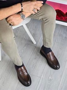 Hnt 0045 Premium  Kahverengi    Loafer  İçi Dışı Hakiki Deri Klasik   Erkek Ayakkabısı