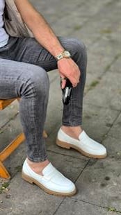 Hnt 0051  Beyaz   Loafer  İçi Dışı Hakiki Deri Klasik   Erkek Ayakkabısı