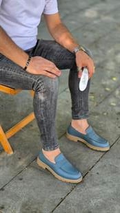 Hnt 0051 Mavi Loafer İçi Dışı Hakiki Deri Klasik Erkek Ayakkabısı