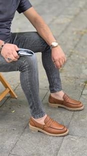 Hnt 0051  Taba  Loafer  İçi Dışı Hakiki Deri Klasik   Erkek Ayakkabısı