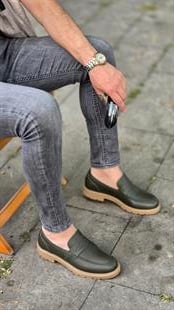 Hnt 0051  Yeşil   Loafer  İçi Dışı Hakiki Deri Klasik   Erkek Ayakkabısı