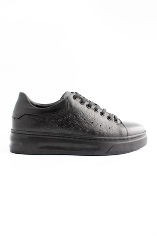 Hnt 0073 Kuş Gözü Baskılı Günlük Yüksek Siyah Taban Hakiki  Siyah Deri Erkek  Sneaker Ayakkabısı