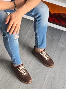 Hnt 00806 Kahverengi Sneakers İçi Dışı Hakiki Deri  Erkek Ayakkabısı