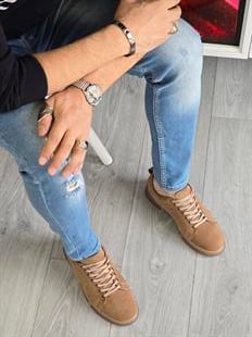 Hnt 00806 Kum Nubuk Sneakers İçi Dışı Hakiki Deri  Erkek Ayakkabısı