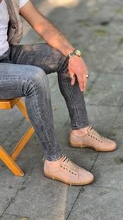 Hnt 00806 Kum Nubuk Sneakers İçi Dışı Hakiki Deri  Erkek Ayakkabısı