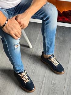 Hnt 00806 Lacivert Sneakers İçi Dışı Hakiki Deri  Erkek Ayakkabısı
