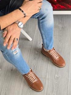 Hnt 00806 Taba Sneakers İçi Dışı Hakiki Deri  Erkek Ayakkabısı
