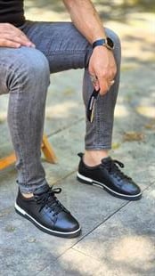 Hnt 00808 Light Termo Siyah Deri Sneakers İçi Dışı Hakiki Deri Erkek Ayakkabısı