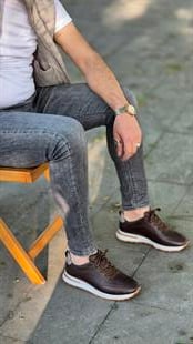 Hnt 00909 Kahverengi Deri Sneakers İçi Dışı Hakiki Deri Erkek Ayakkabısı