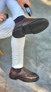 Hnt 4247  Kahverengi  Çift  Tokalı  Extra Eva Taban Loafer  İçi Dışı Hakiki Deri Klasik   Erkek Ayakkabısı