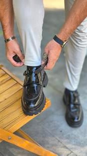 Hnt 4247  Siyah    Rugan Çift Tokalı  Extra Eva Taban Loafer  İçi Dışı Hakiki Deri Klasik   Erkek Ayakkabısı