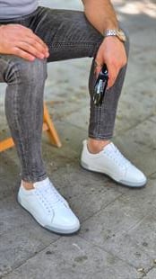 MRD 1117 Yazılı Taban Beyaz Sneakers İçi Dışı Hakiki Deri Erkek Ayakkabısı