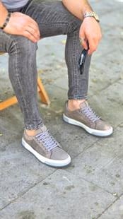 MRD 1117 Yazılı Taban Gri Nubuk Sneakers İçi Dışı Hakiki Deri Erkek Ayakkabısı