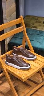 MRD 1117 Yazılı Taban Kahverengi  Sneakers İçi Dışı Hakiki Deri Erkek Ayakkabısı