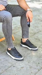 MRD 1117 Yazılı Taban Siyah Sneakers İçi Dışı Hakiki Deri Erkek Ayakkabısı