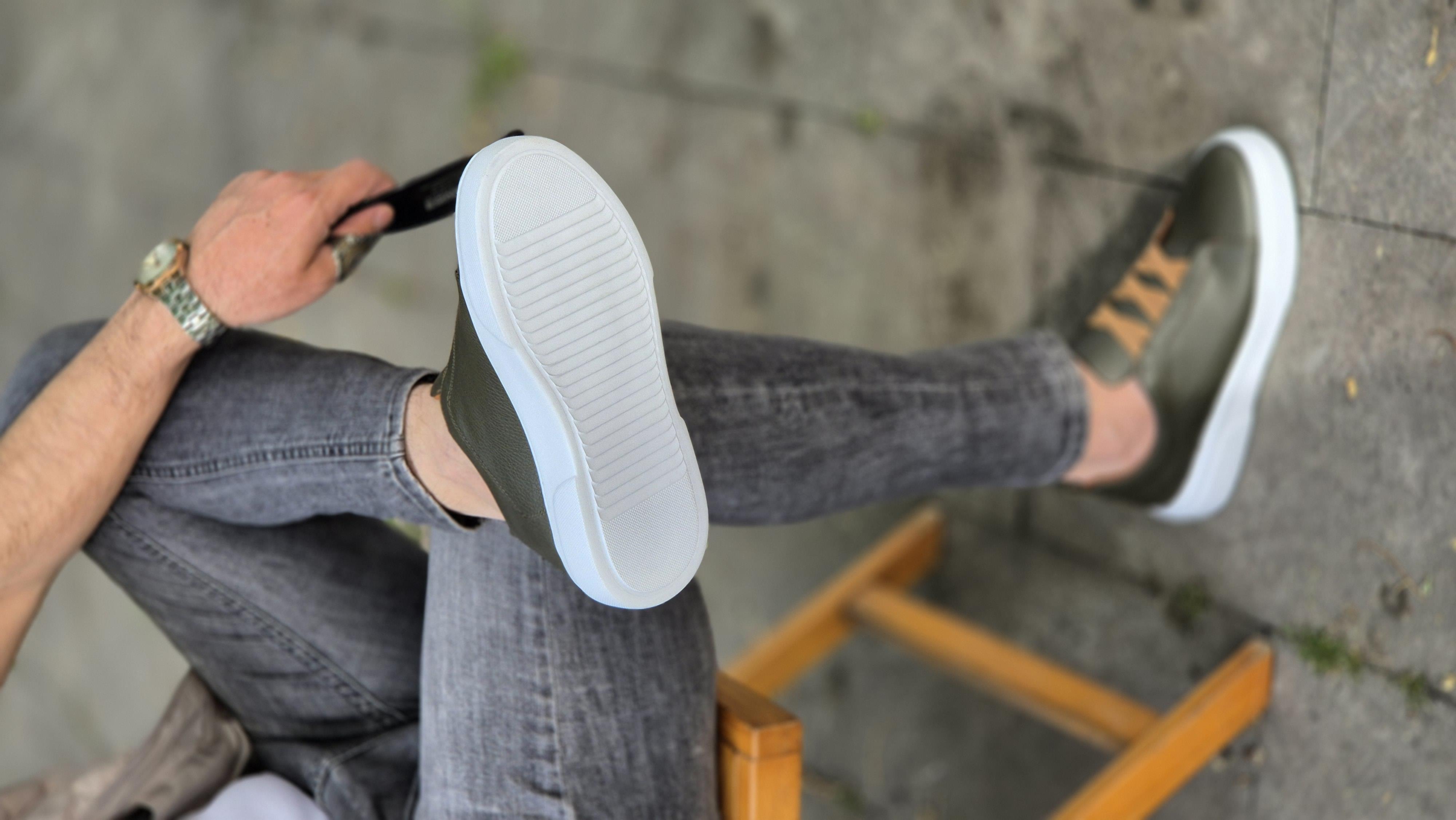  Hnt  002060  Haki Yeşil İçi Dışı Hakiki Deri Erkek Sneakers 