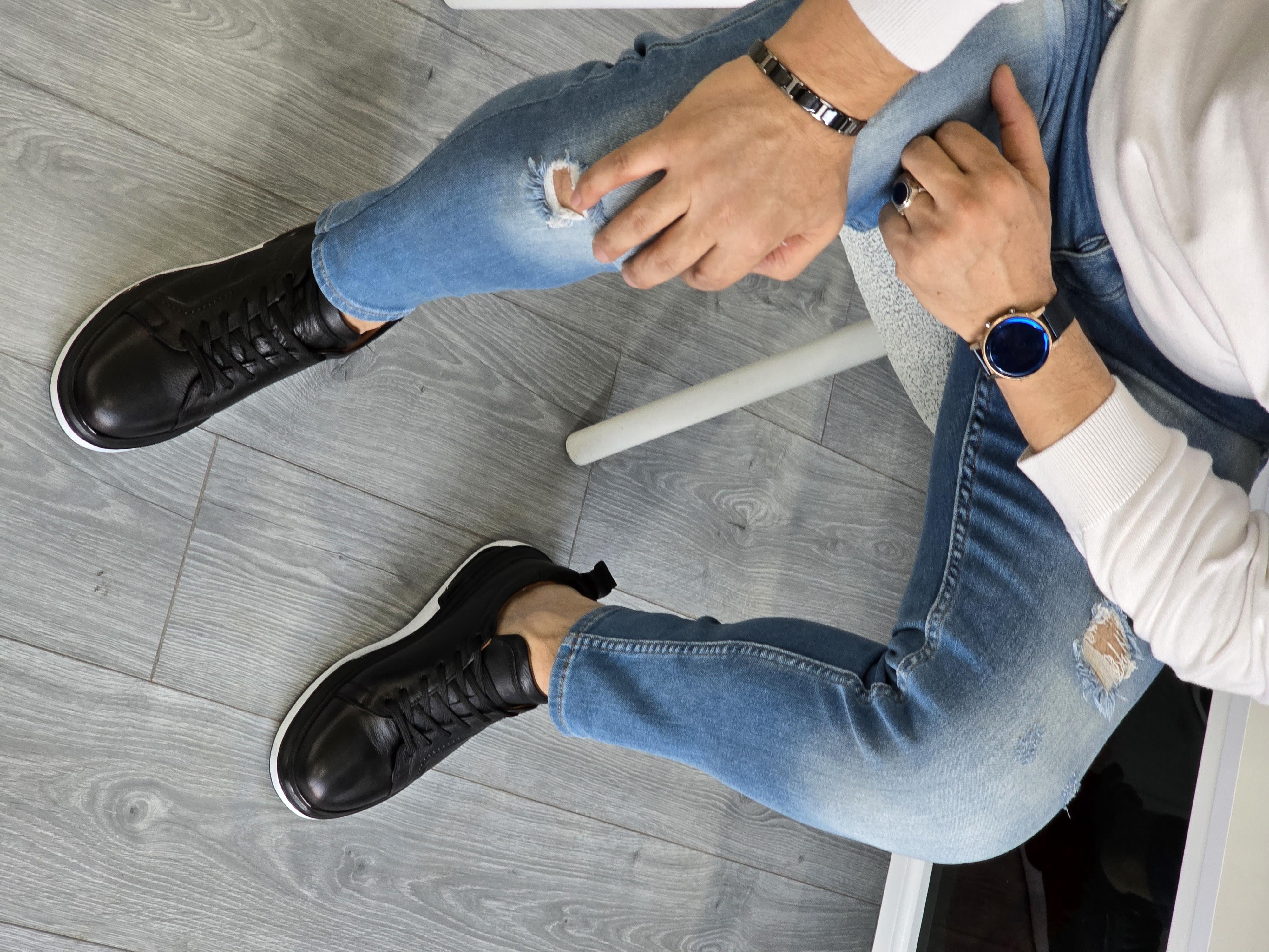  Hnt  0047  Premium Eva Taban Siyah  İçi Dışı Hakiki Deri Erkek Sneakers 