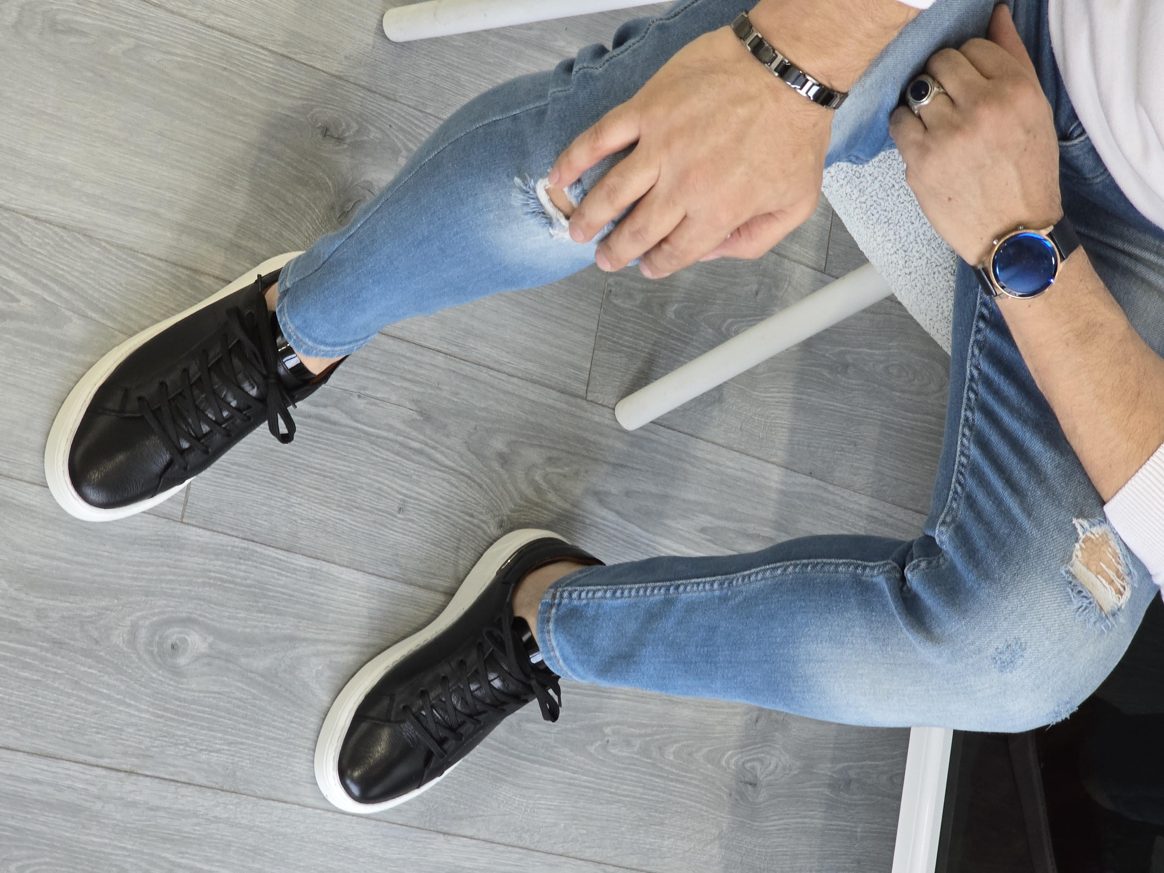  Hnt  0055  Premium Eva Taban Siyah  İçi Dışı Hakiki Deri Erkek Sneakers 