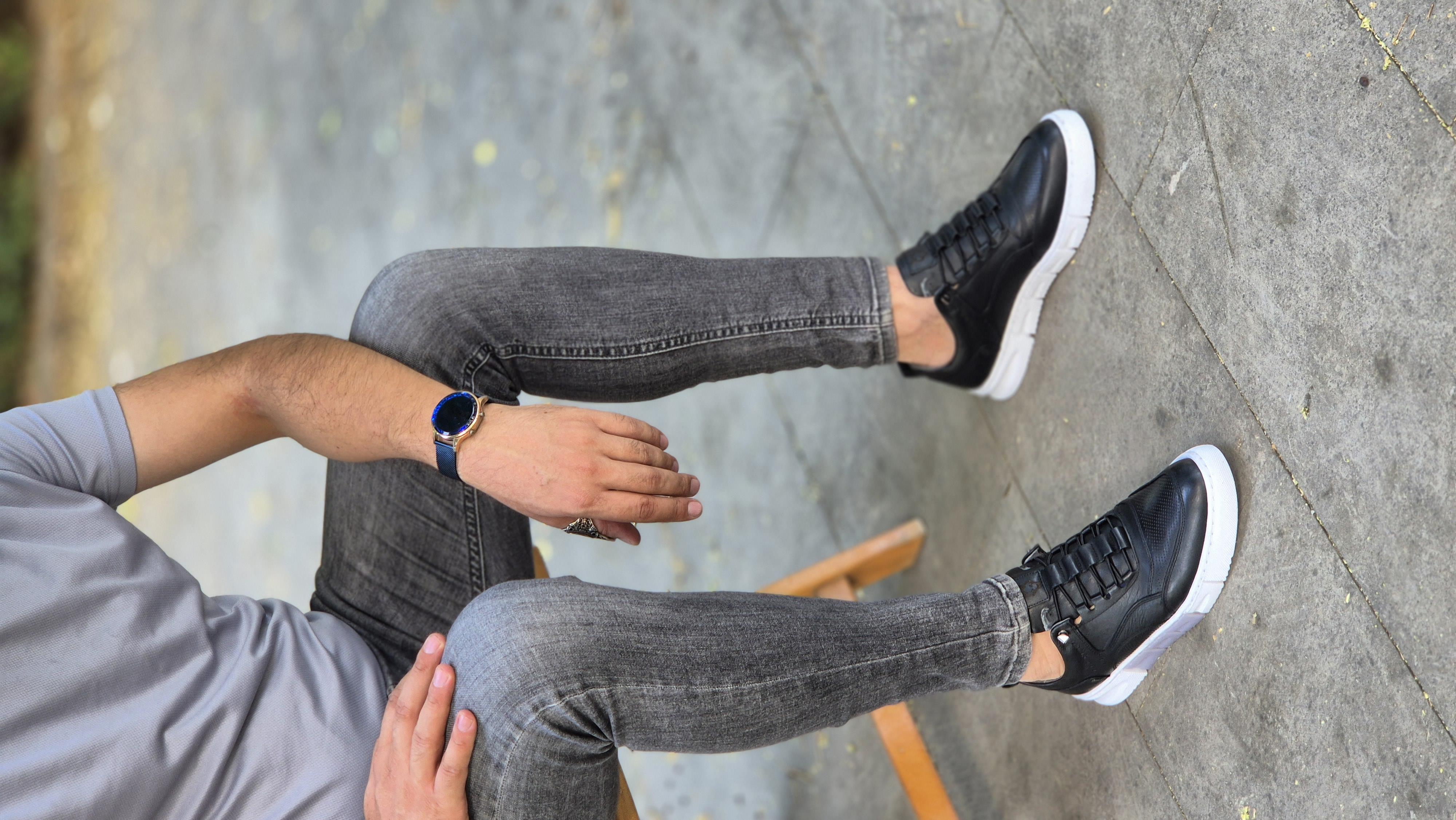 Hatay 00112  Merdiven Desen Siyah Sneakers İçi Dışı Hakiki Deri Erkek Ayakkabısı