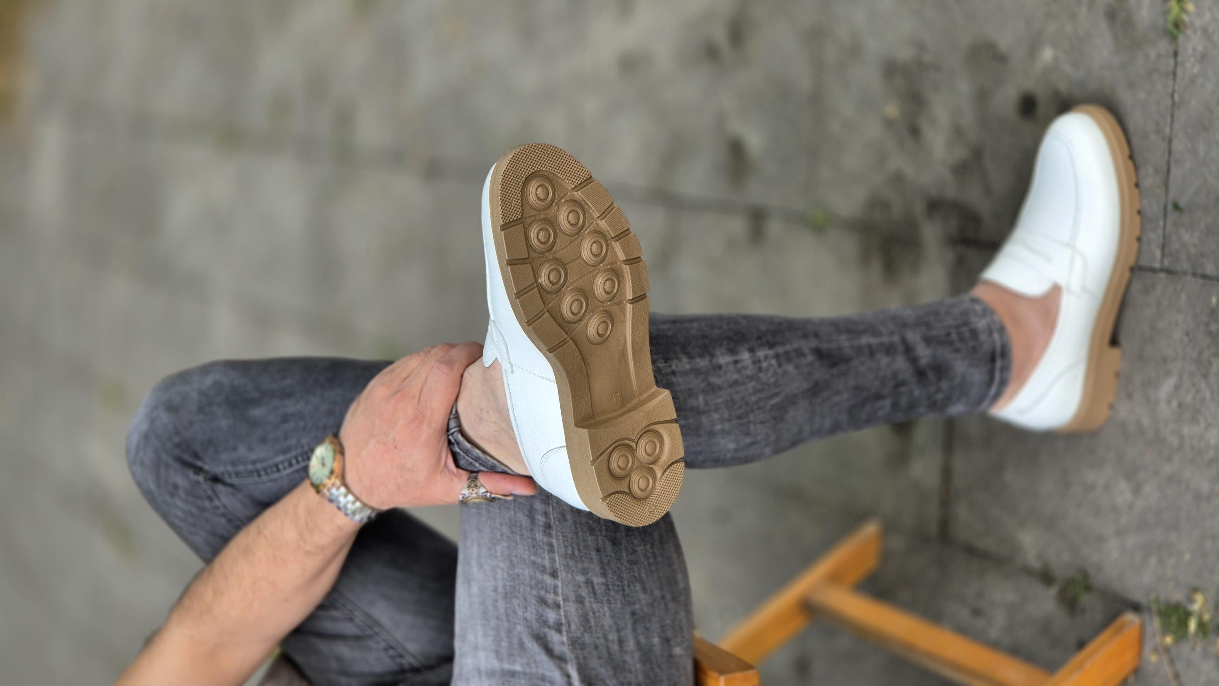 Hnt 0051  Beyaz   Loafer  İçi Dışı Hakiki Deri Klasik   Erkek Ayakkabısı