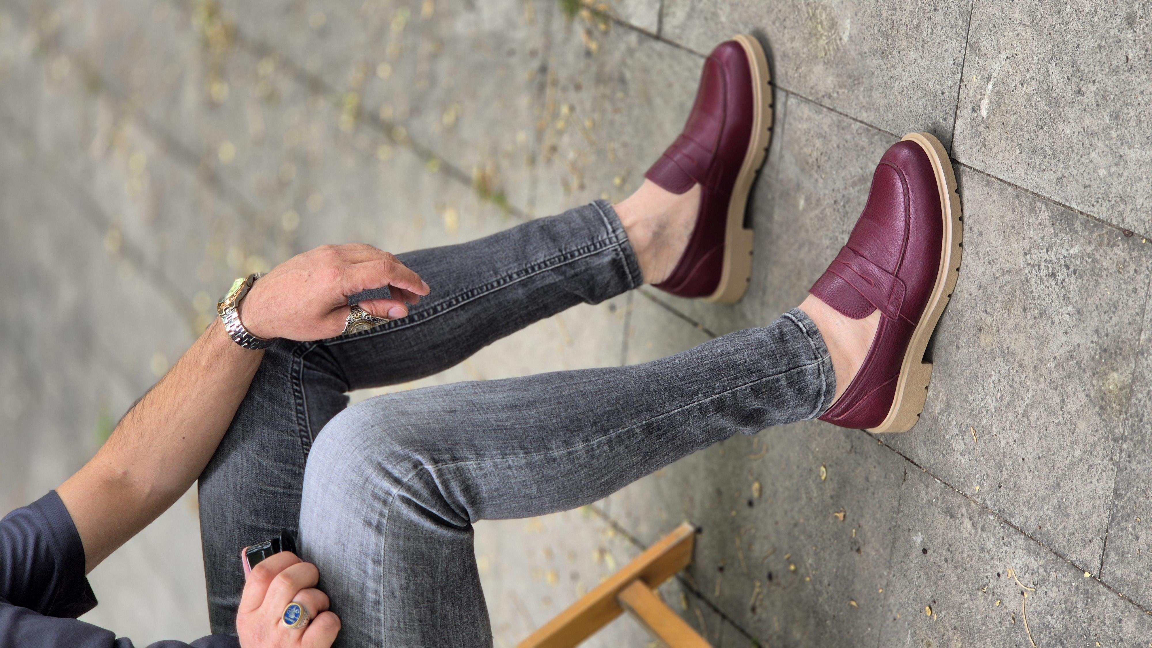 Hnt 0051  Bordo   Loafer  İçi Dışı Hakiki Deri Klasik   Erkek Ayakkabısı