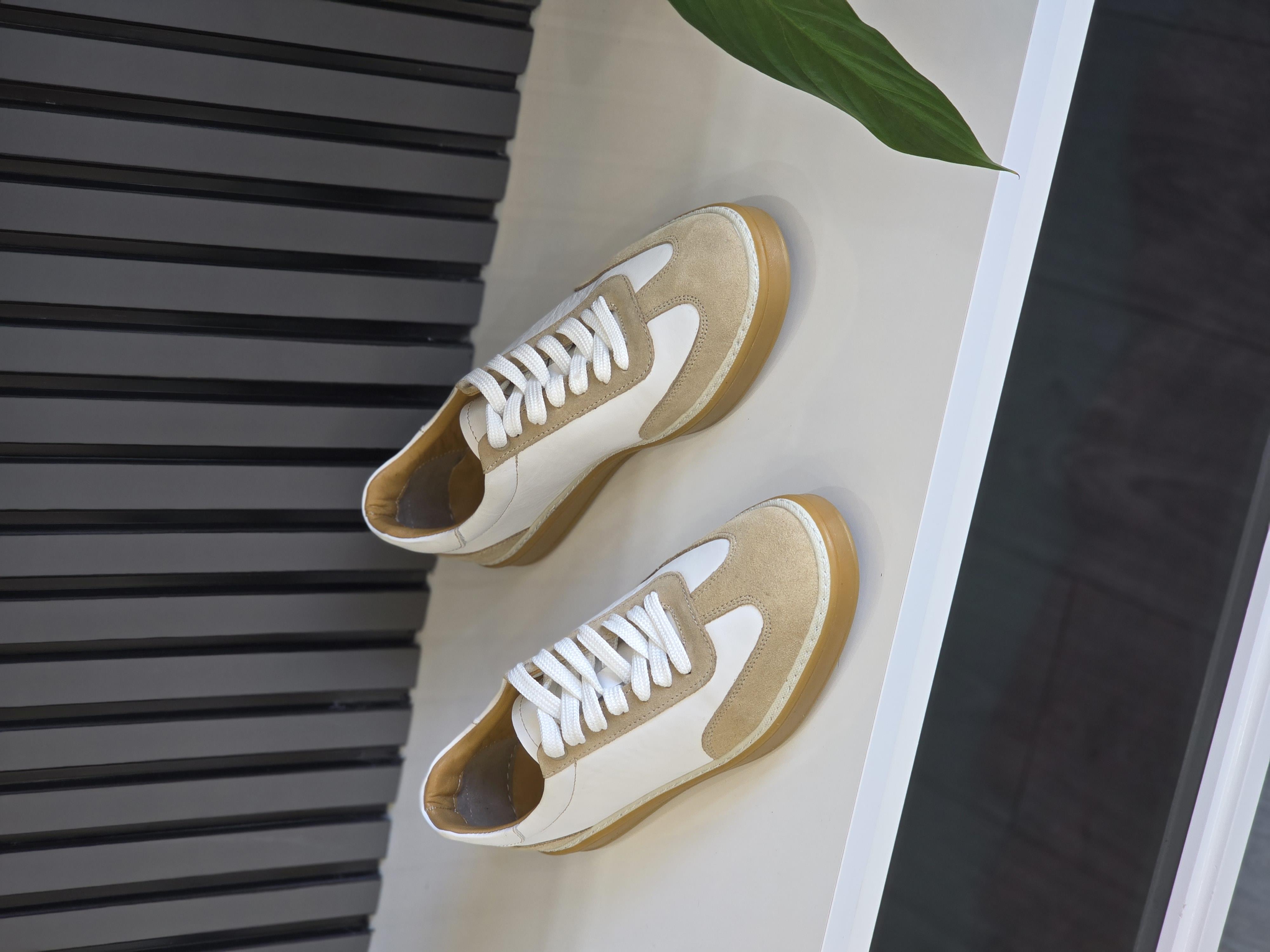 Hnt 00804 LR Beyaz Deri Kum Süet İçi Dışı Hakiki Deri Unisex Sneakers