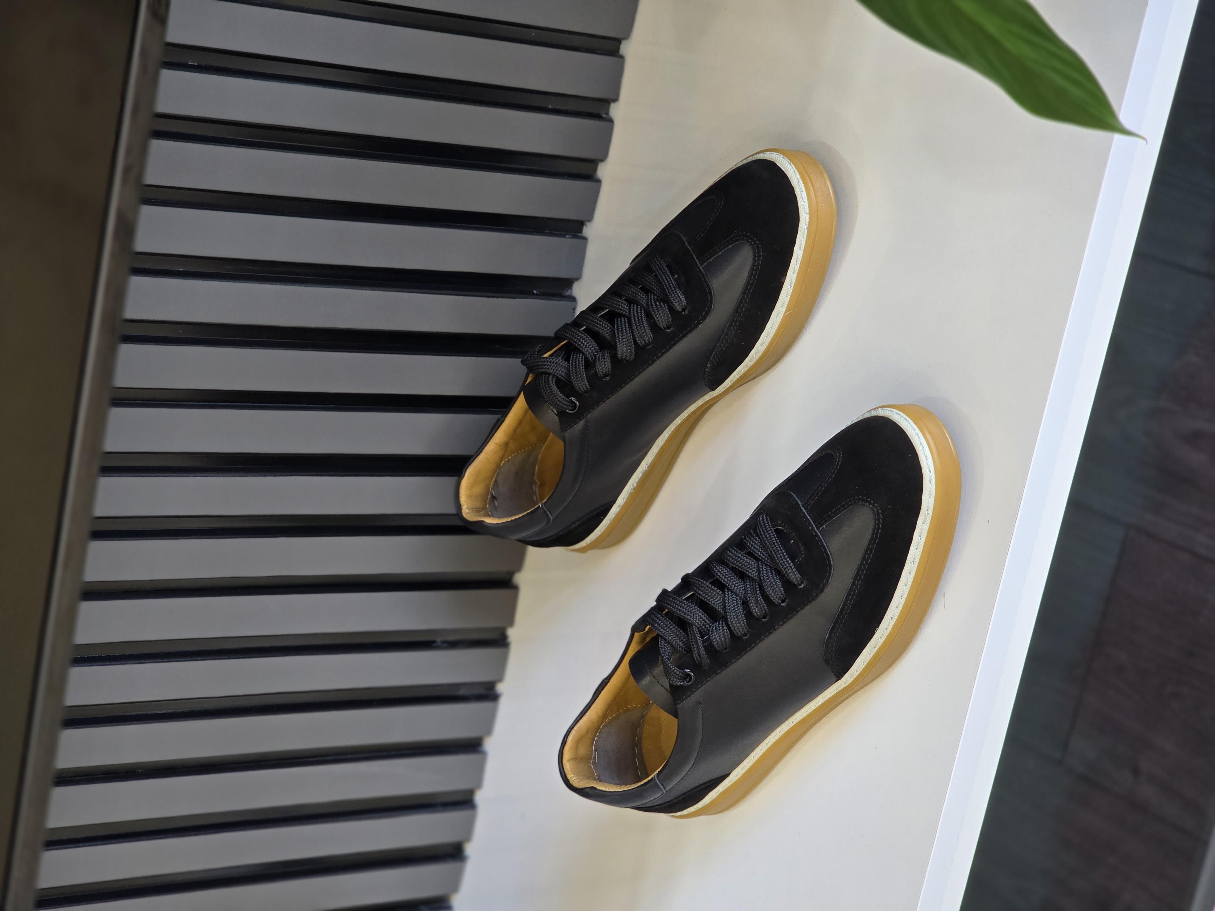 Hnt 00804 LR Siyah Deri Siyah Süet İçi Dışı Hakiki Deri Unisex Sneakers